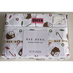 Rae Dunn By Enchante Gingerbread House Candy Cane Christmas Queen Sheet Set NEW